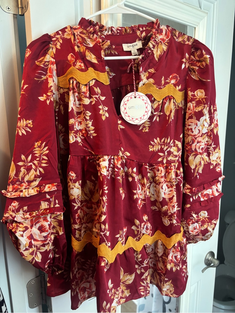 Umgee Burgundy Floral Ruffle Dress with Mustard Trim